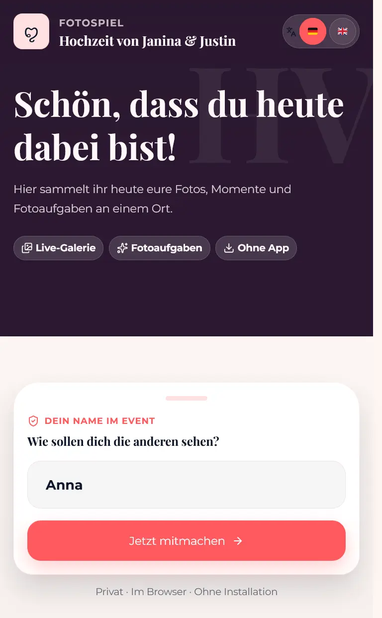Mobiler Fotospiel Einstieg mit Namenseingabe für die Hochzeit von Janina und Justin