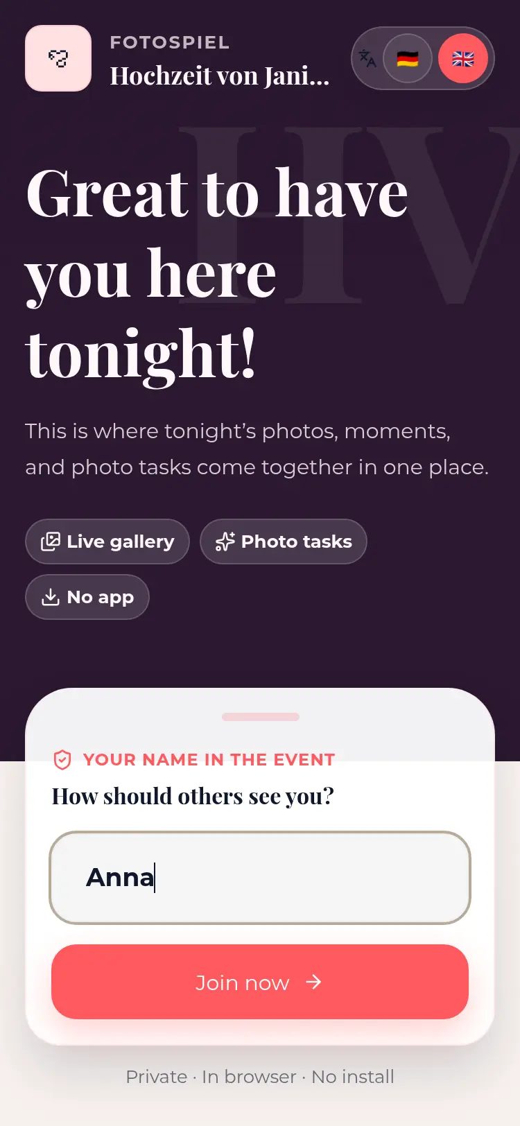 Mobile Fotospiel join screen with name entry for Janina and Justin’s wedding