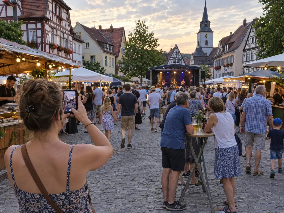 Besucherin fotografiert ein Stadtfest auf dem Marktplatz mit dem Handy