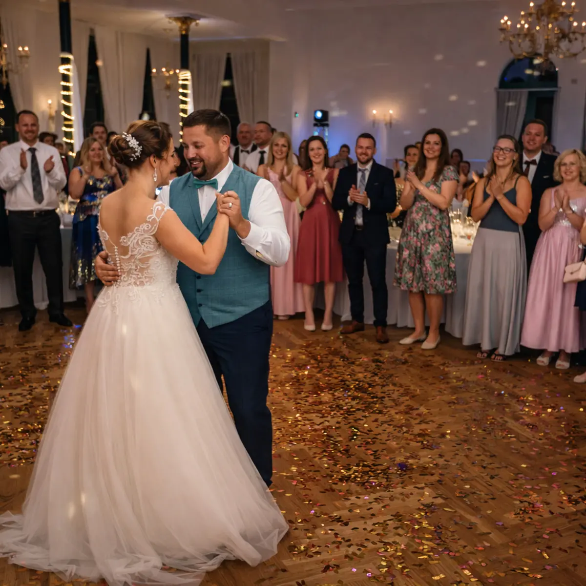 Wedding guests celebrating together with the couple