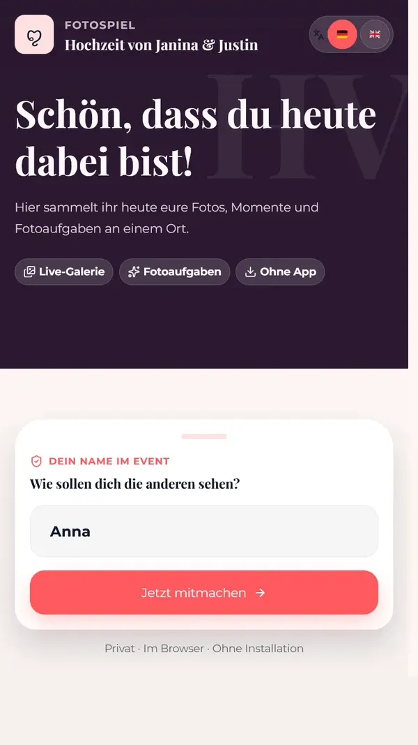 Willkommensseite der Gäste-App mit Namenseingabe