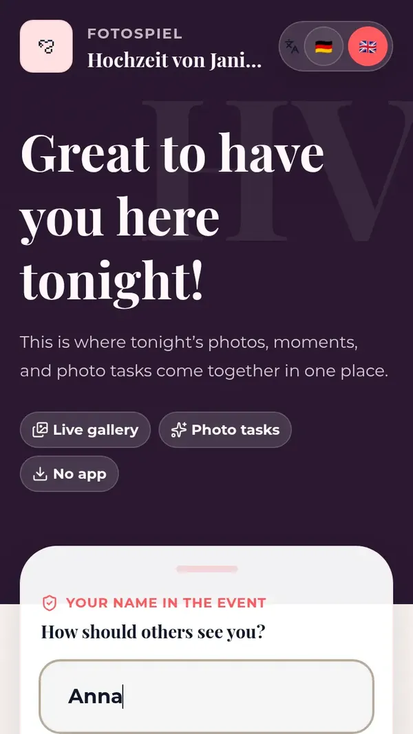Guest app welcome screen with name entry