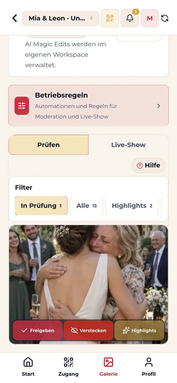 Moderationsansicht mit Foto und den Aktionen Freigeben, Verstecken und Highlight