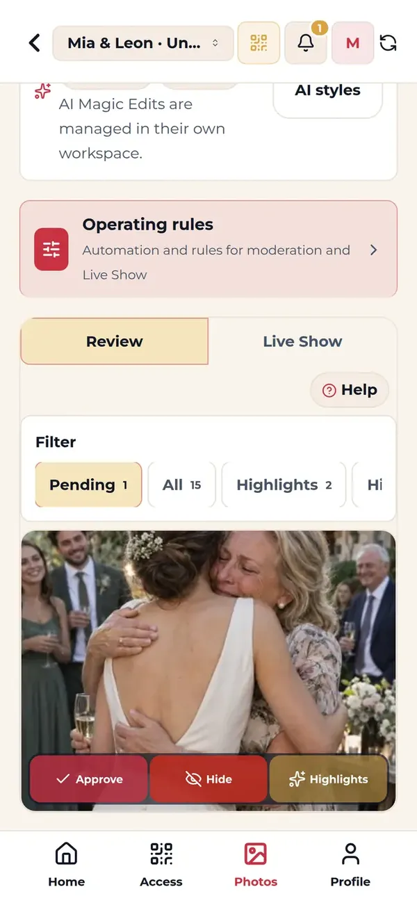 Moderation view with a photo and the actions approve, hide and highlight